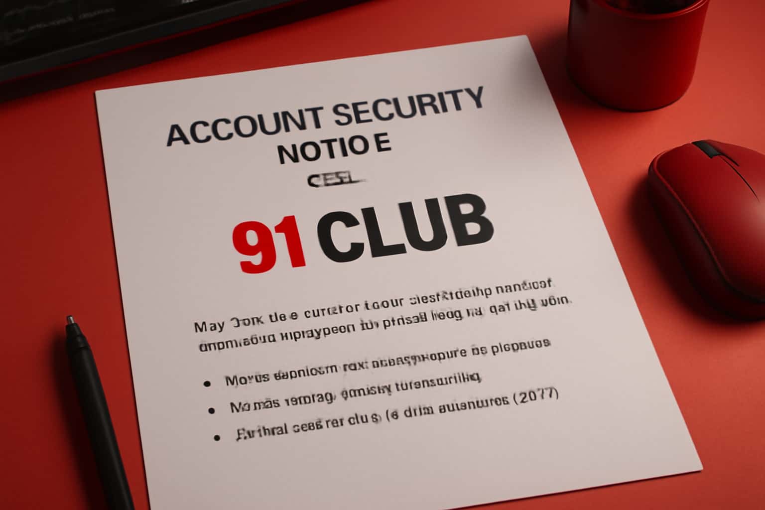A professional visual representation of an account security notice, emphasizing the text '91 Club' in a high-tech design.