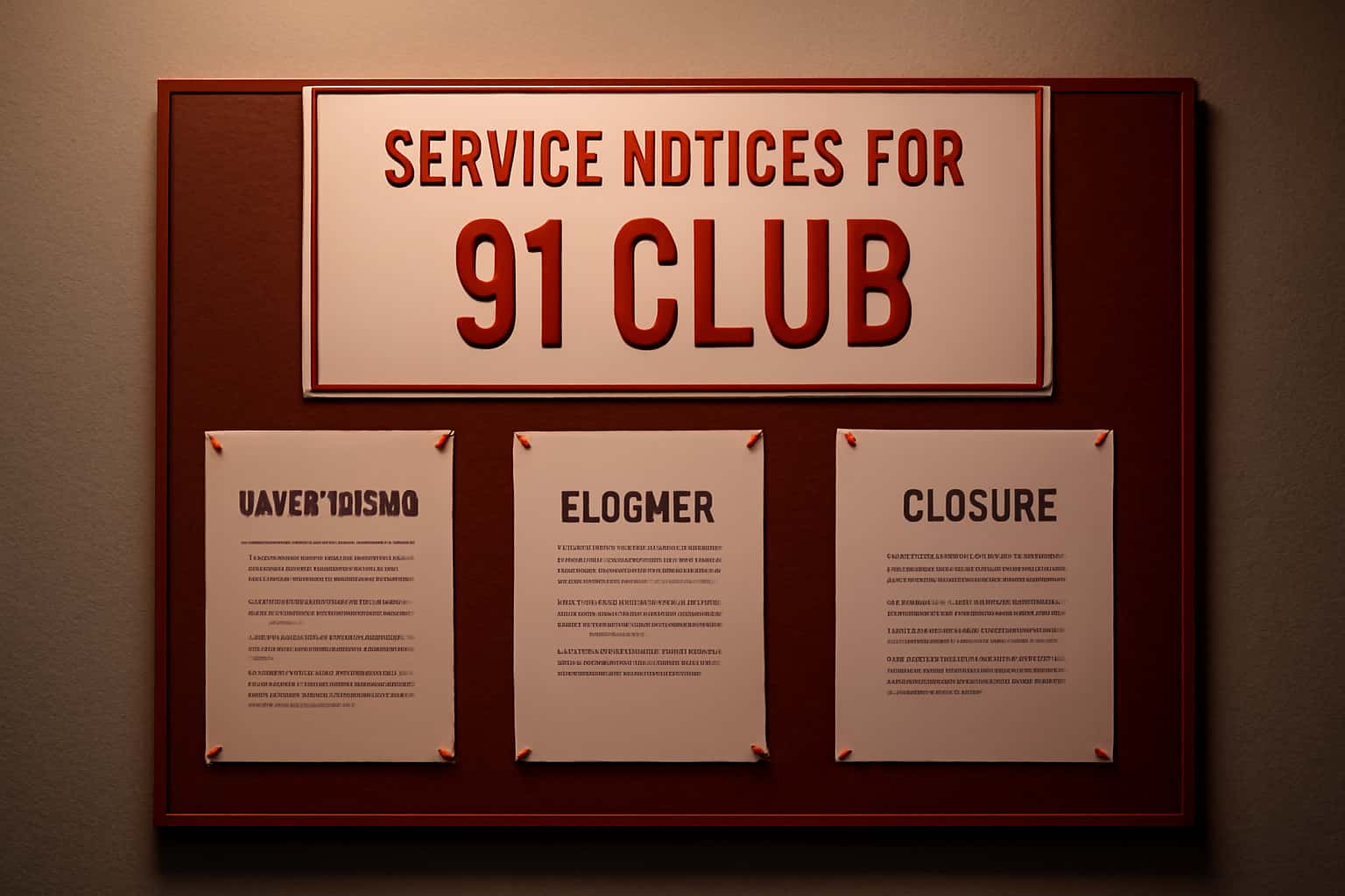 An informative landscape scene indicating service notices for 91 Club with prominent text
